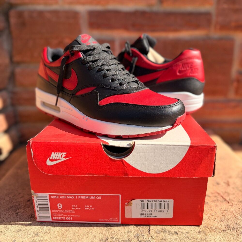Nike Air Max 1 Premium QS 2015 Bred Black Red 665873-061 Men's Size 9